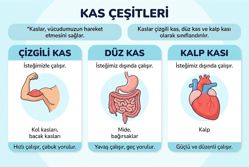 Kol kası, mide-bağırsaklar ve kalp örnekleriyle çizgili kas, düz kas ve kalp kasının istemli ya da istemsiz çalışma biçimini karşılaştıran üç panel