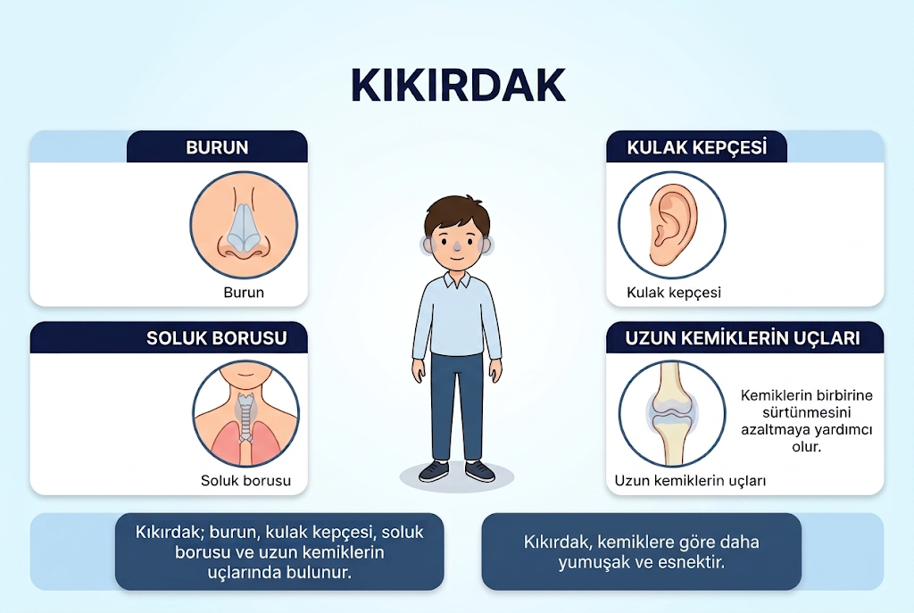 Kıkırdağın burun, kulak kepçesi, soluk borusu ve uzun kemik uçlarındaki yerini gösteren görsel